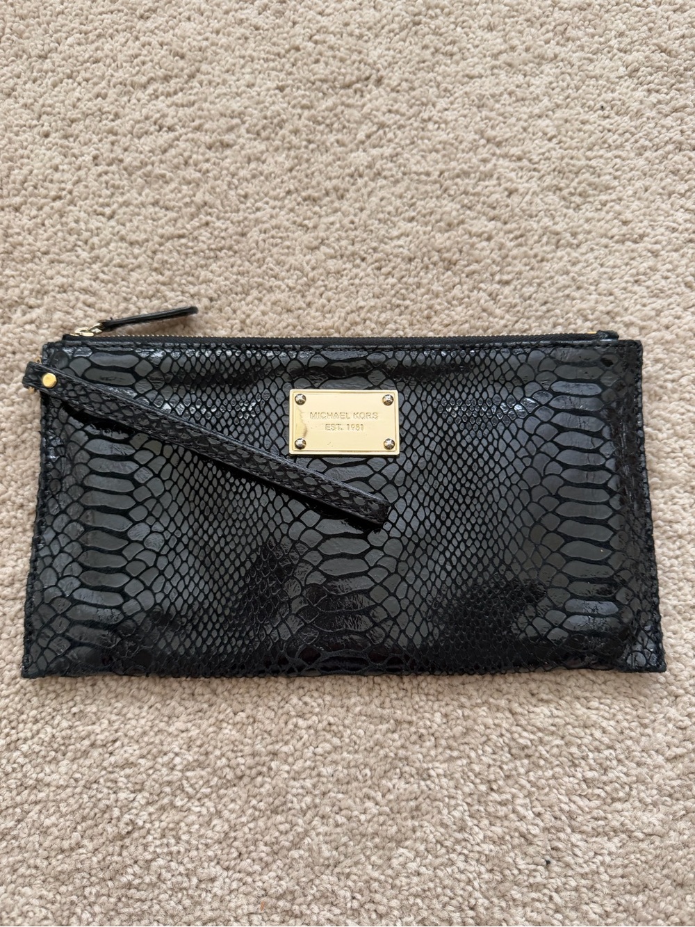 Black snakeskin Michael Kors wristlet clutch leather gold hardware